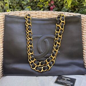 Authentic CHANEL Lambskin black large shopping tote